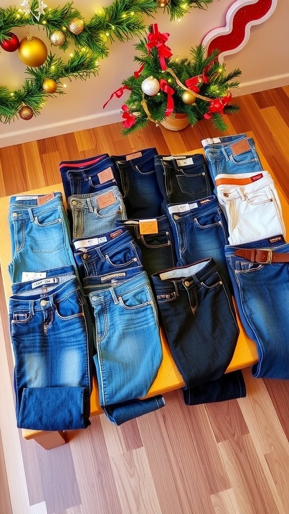 A collection of stylish jeans for Christmas gifts, displayed with festive decorations.
